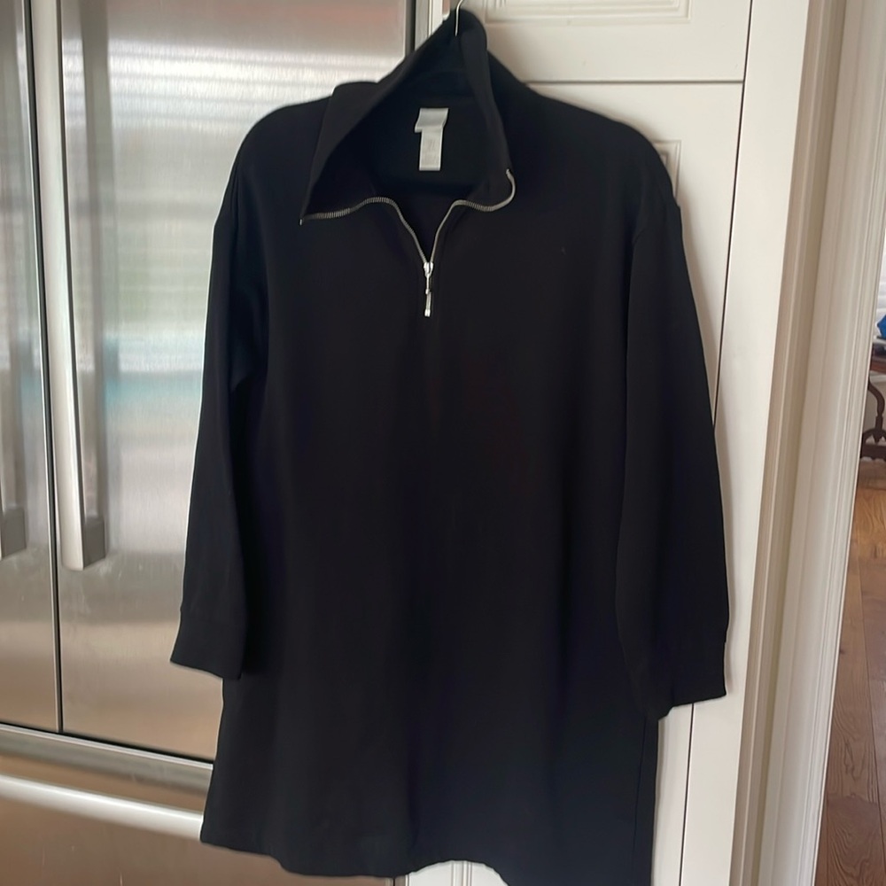 Black zippered sweatshirt, with collar, size small.  Tunic style, generous size.